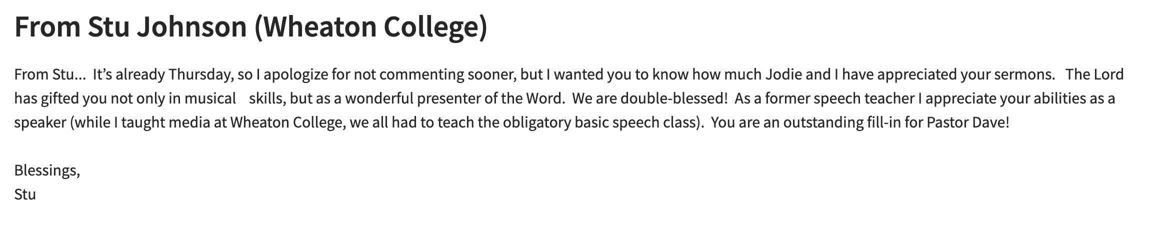 Colleague Email (Professor at Wheaton College)